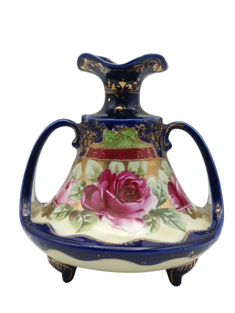 Nippon Style Cobalt Blue Rose Vase Hand Painted Porcelain Double Handle 8.5in